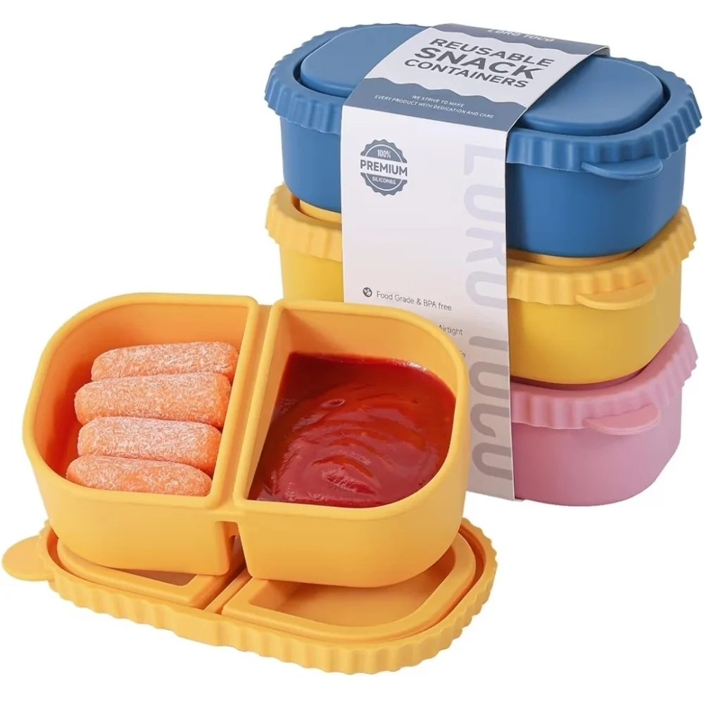 3 Pack Silicone Snack Containers w Lids 8oz Double Compartment BPA Free